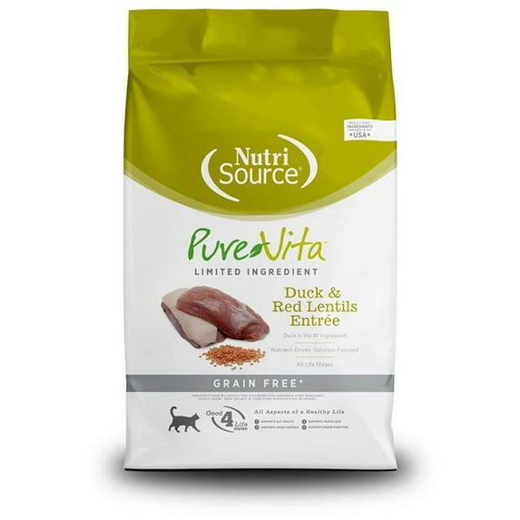 Nutrisource PureVita Grain-Free Limited Ingredient Duck and Red Lentils Recipe Dry Cat Food - 4 Lbs - Case of 8
