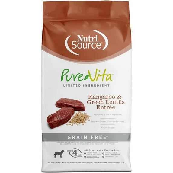 Nutrisource PureVita Grain-Free Limited Ingredient Kangaroo and Green Lentils Dry Dog Food - 4 Lbs - Case of 8