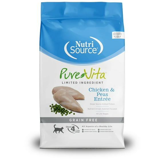 Nutrisource PureVita Grain-Free Limited Ingredient Chicken and Peas Entrée Dry Cat Food - 4 Lbs - Case of 8
