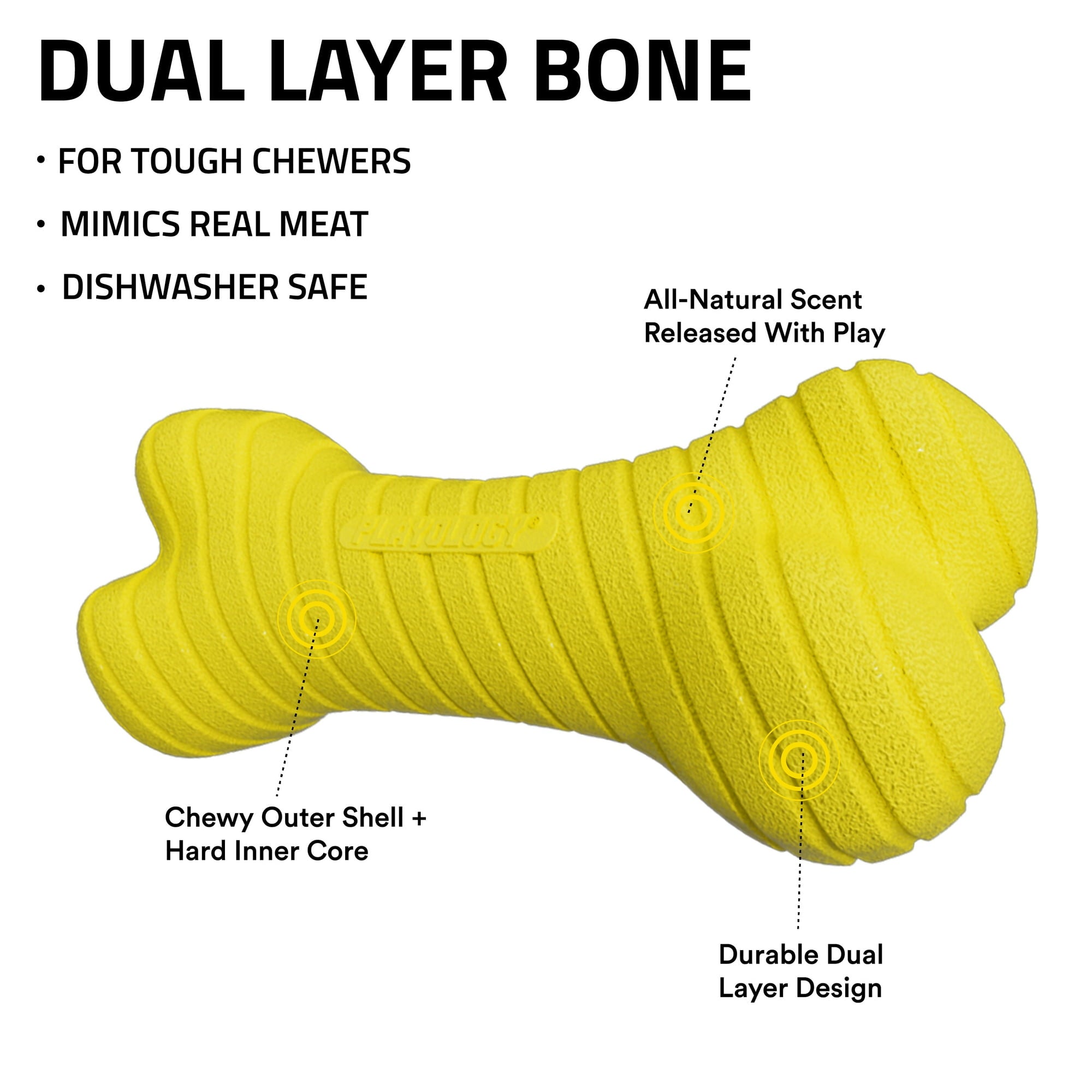 Playology Durable Dual-Layered Bone Chicken Scented Fetch and Chew Rubber Dog Toy - Yellow