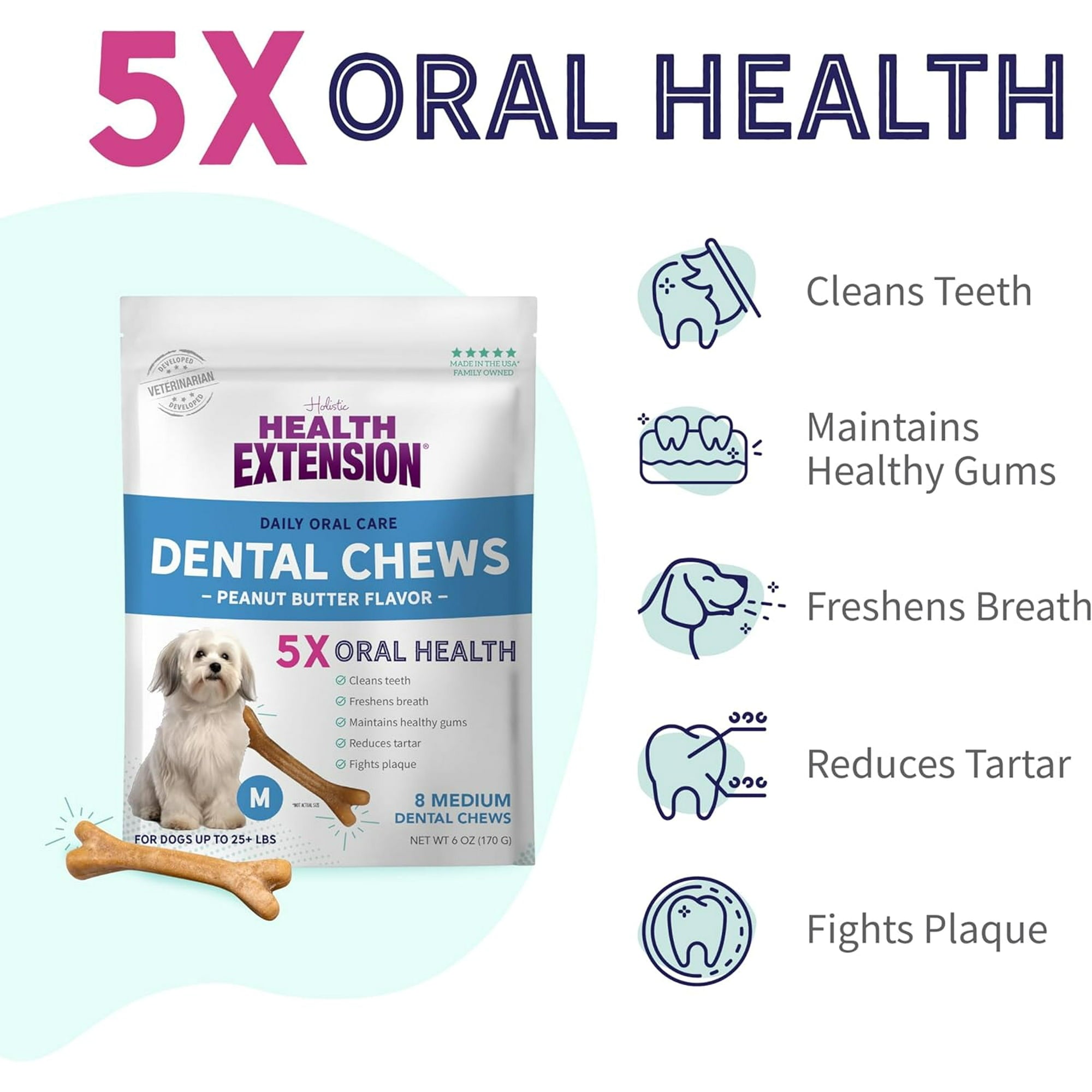 Health Extension Peanut Butter Bones Dental Dog Chews - Medium - 8 Pack - 6 Oz