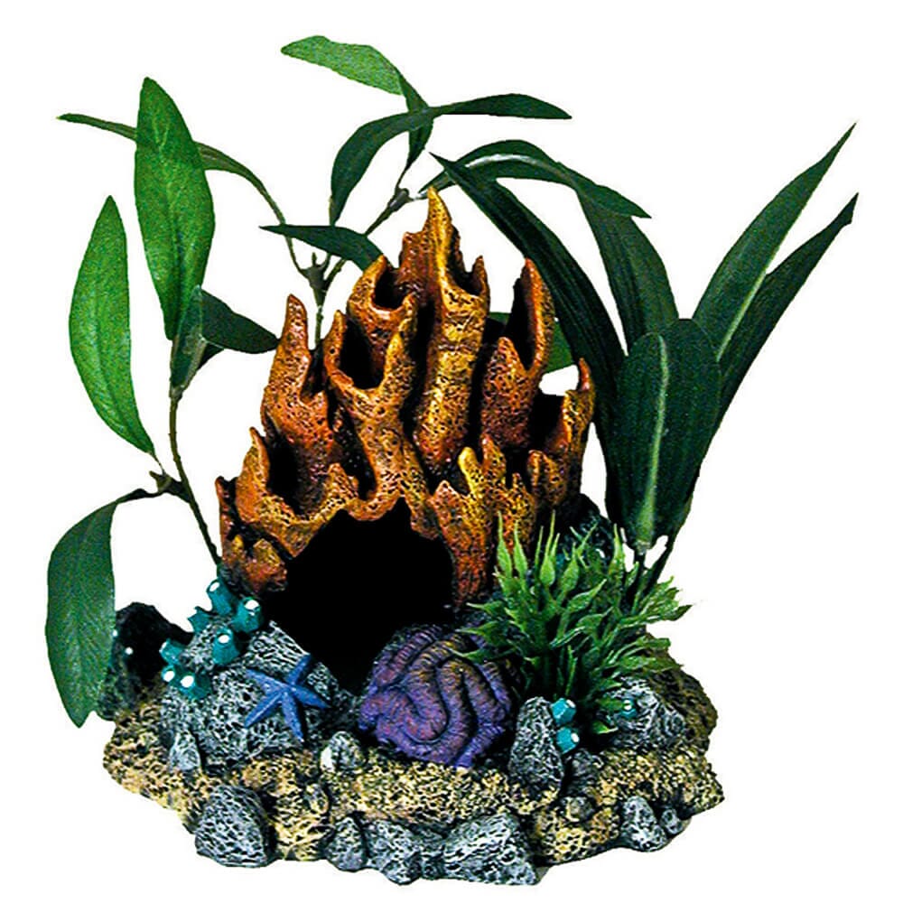 Exotic Environments Fire Coral Cave with Plants Resin Aquatics Decoration - Small