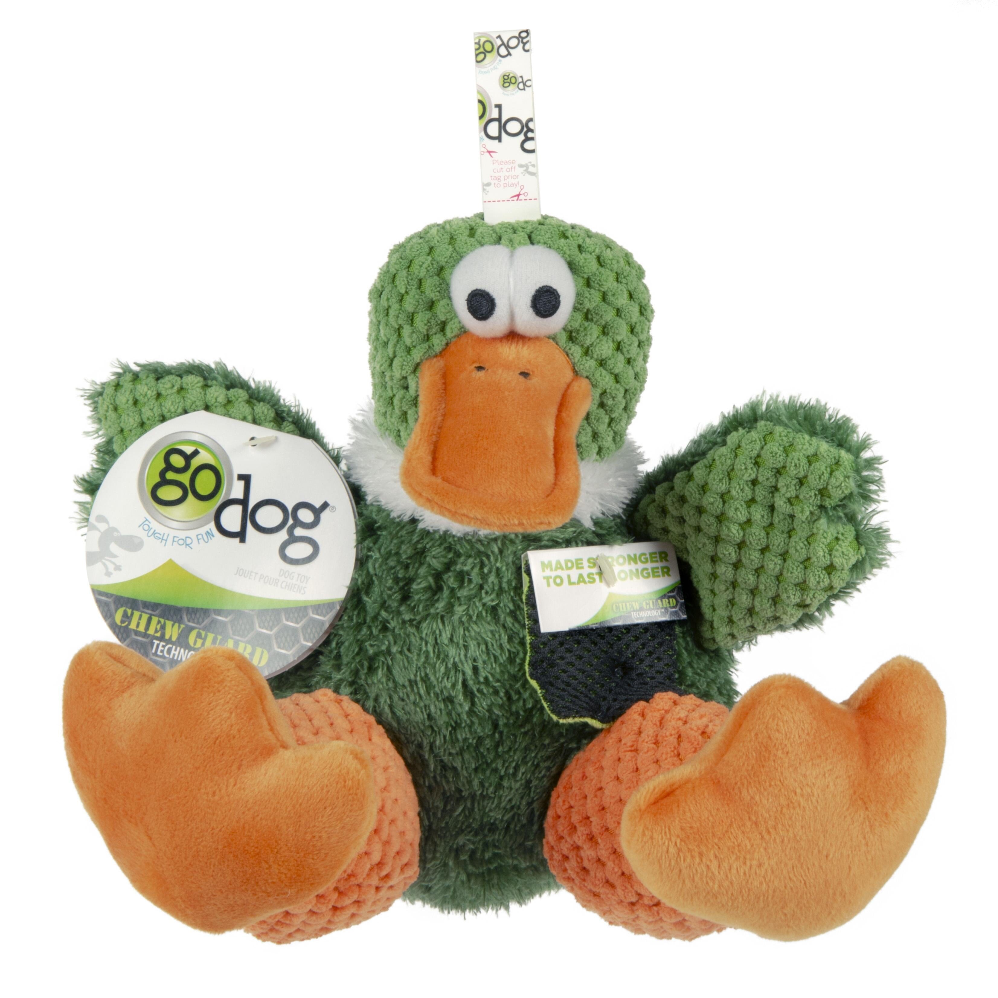GoDog Checkers Sitting Duck Squeak and Plush Dog Toy with Chew-Guard Tech - Large