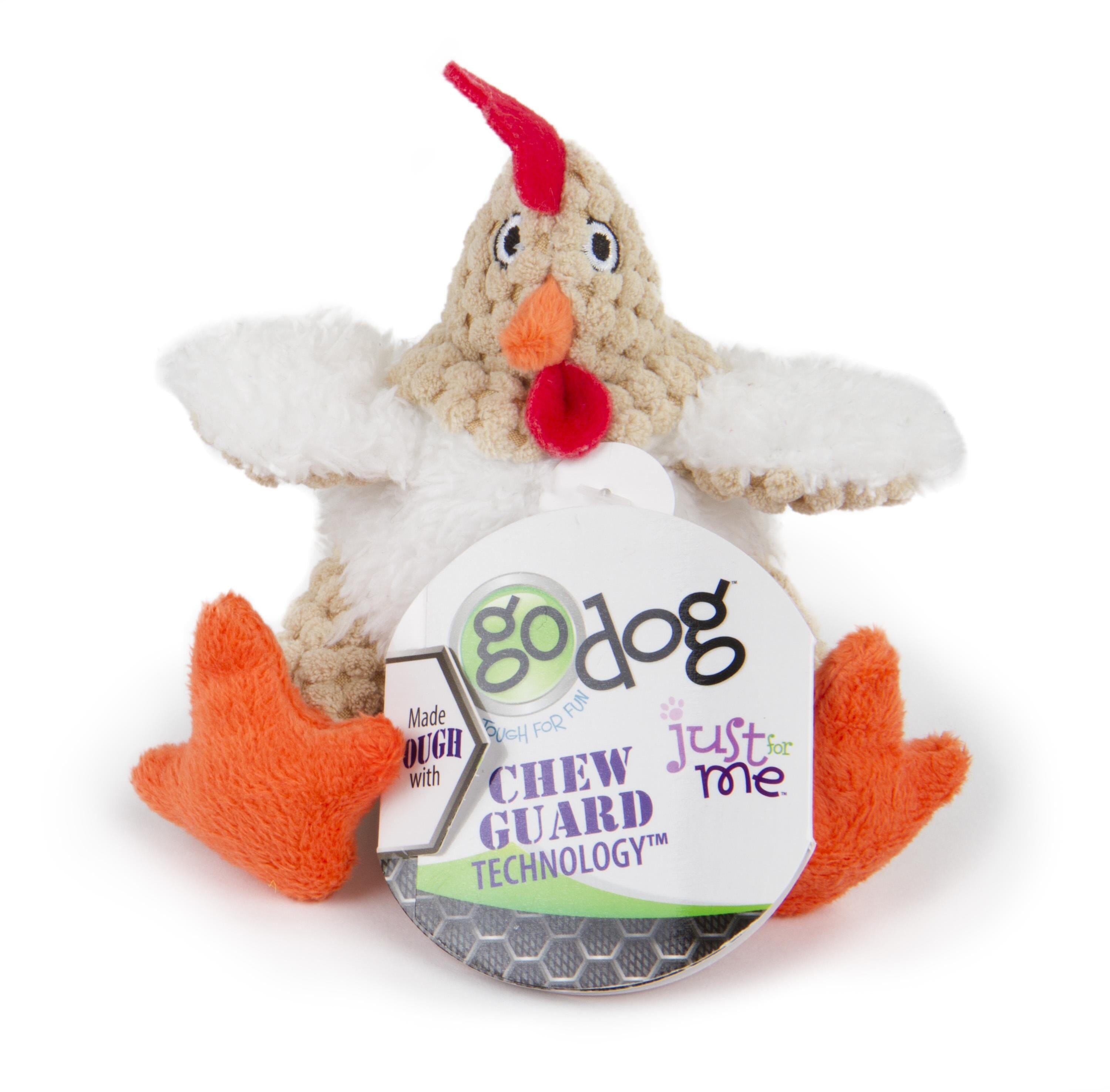 GoDog Checkers Sitting Rooster Squeak and Plush Dog Toy with Chew-Guard Tech - White - Mini