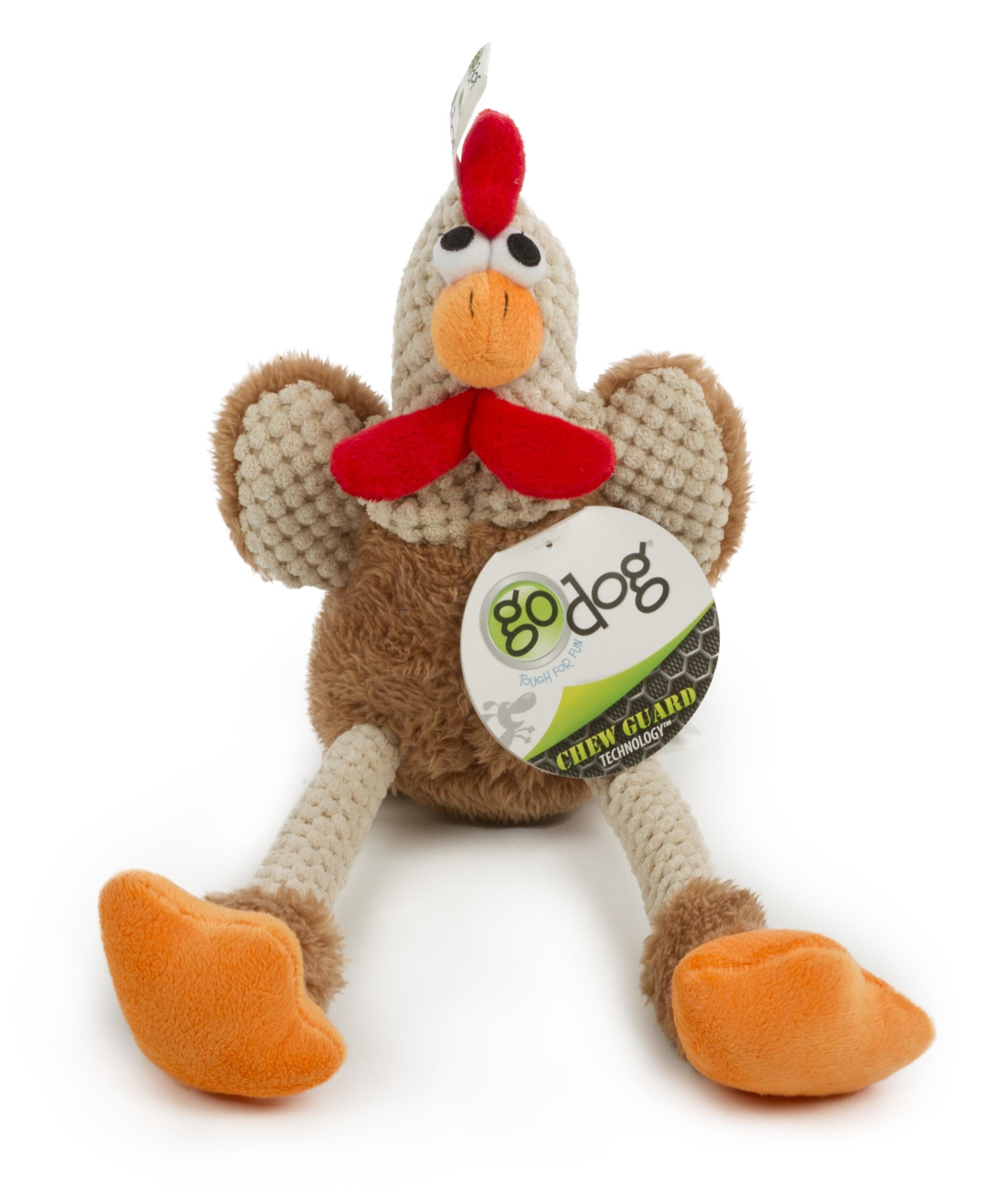 GoDog Checkers Skinny Rooster Corduroy Squeak and Plush Dog Toy with Chew-Guard Tech - Brown - Mini
