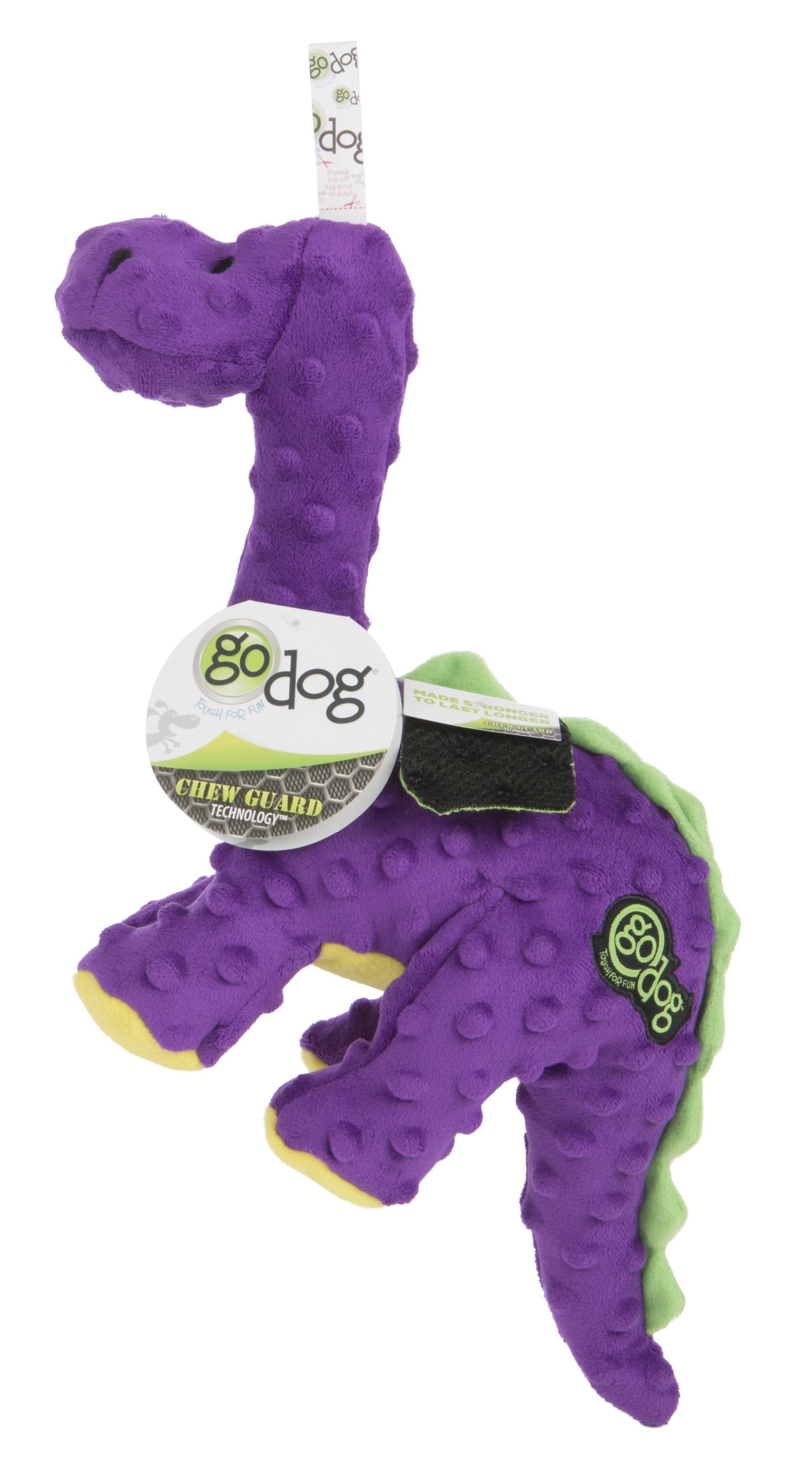 GoDog Dino Bruto Squeak and Plush Dog Toy with Chew-Guard Tech - Purple - Large