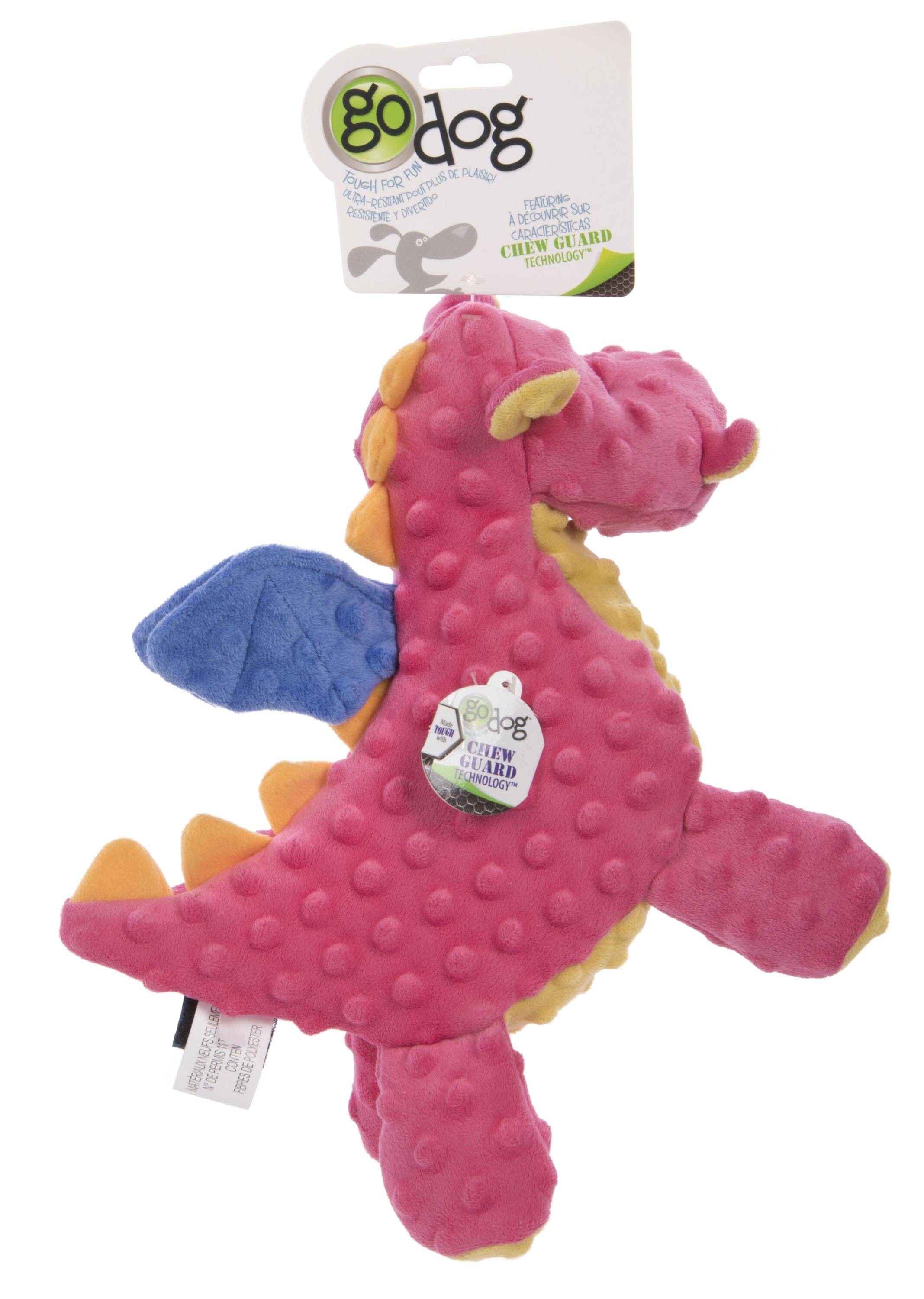 GoDog Dragon Squeak and Plush Dog Toy with Chew-Guard Tech - Coral - Large