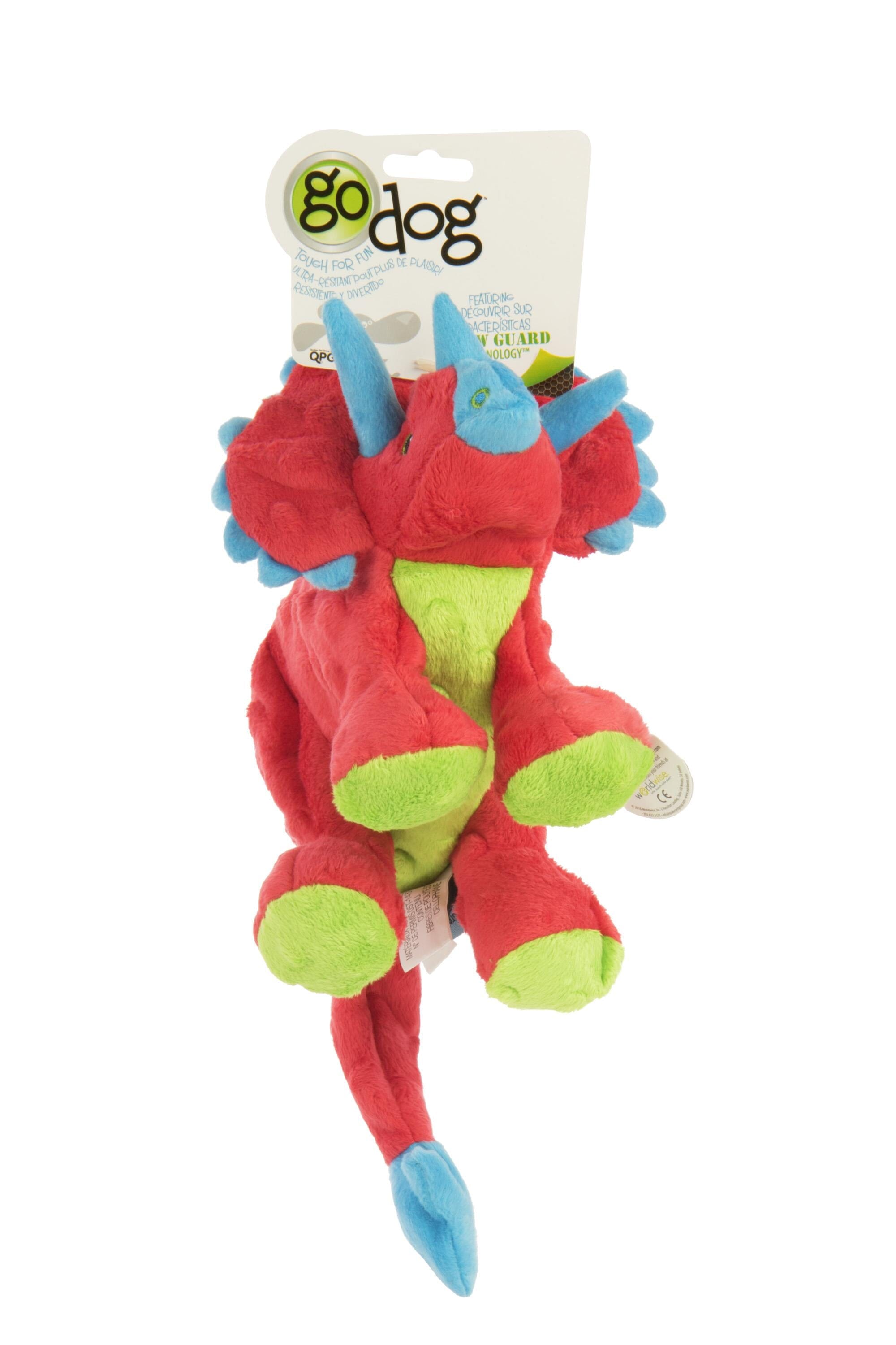 GoDog Squeaky Dino Frillz with Treceratops Squeak and Plush Dog Toy with Chew-Guard Tech - Red - Large
