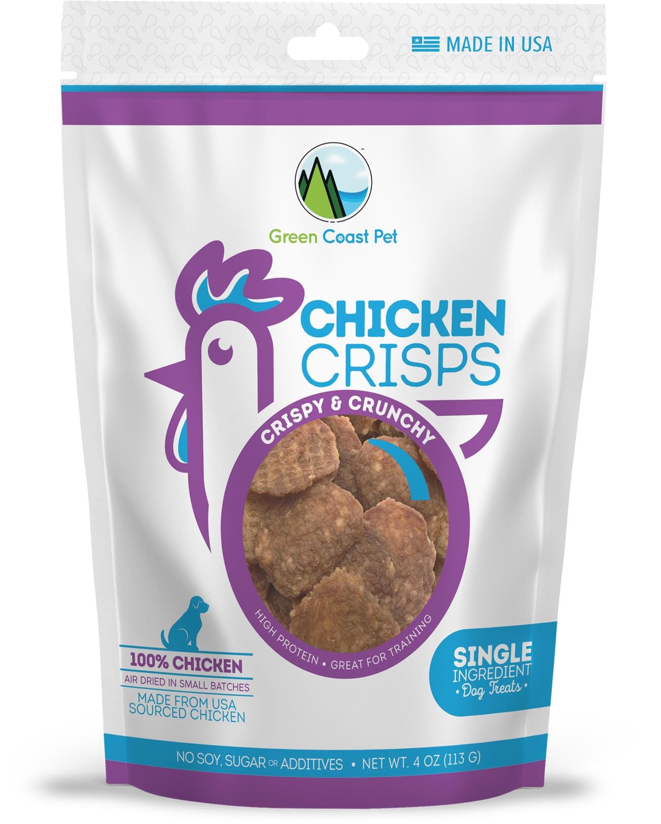 Green Coast Pet Chicken Crisps Single or Limited Ingredient Crunchy Dog Treats - 4 Oz