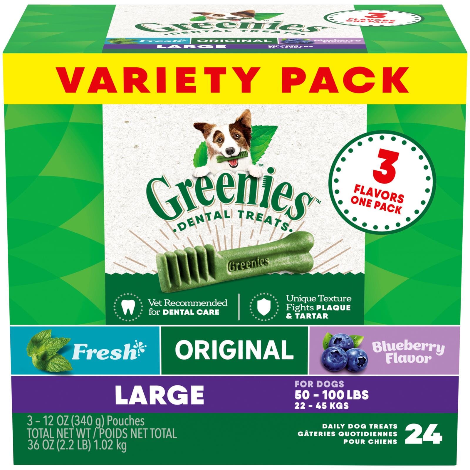 Greenies 3 Flavors Assorted Dental Dog Chews - Variety Pack - Large - 36 Oz