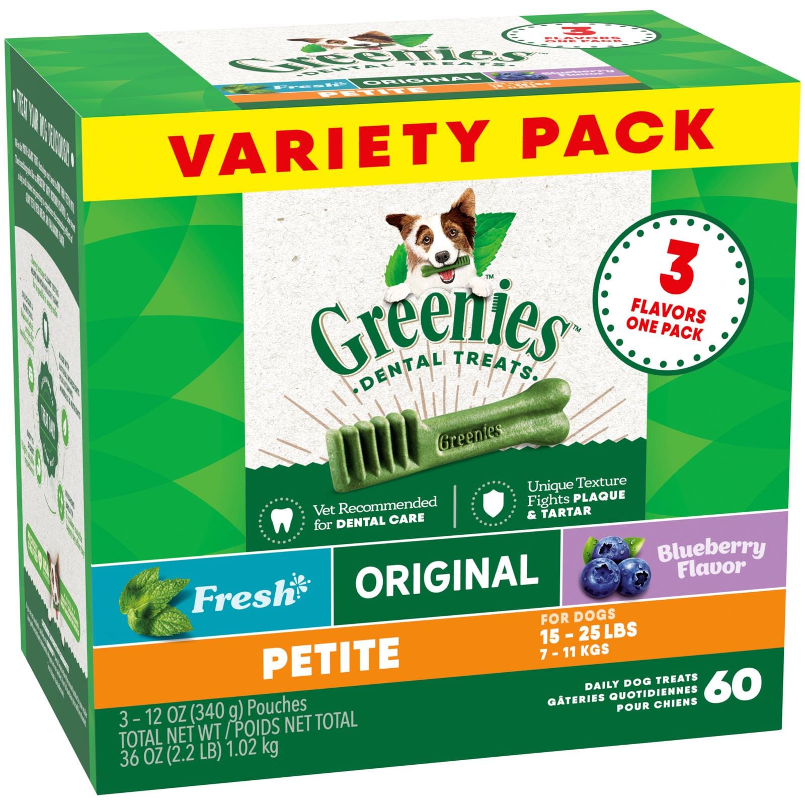 Greenies 3 Flavors Assorted Dental Dog Chews - Variety Pack - Petite - 36 Oz