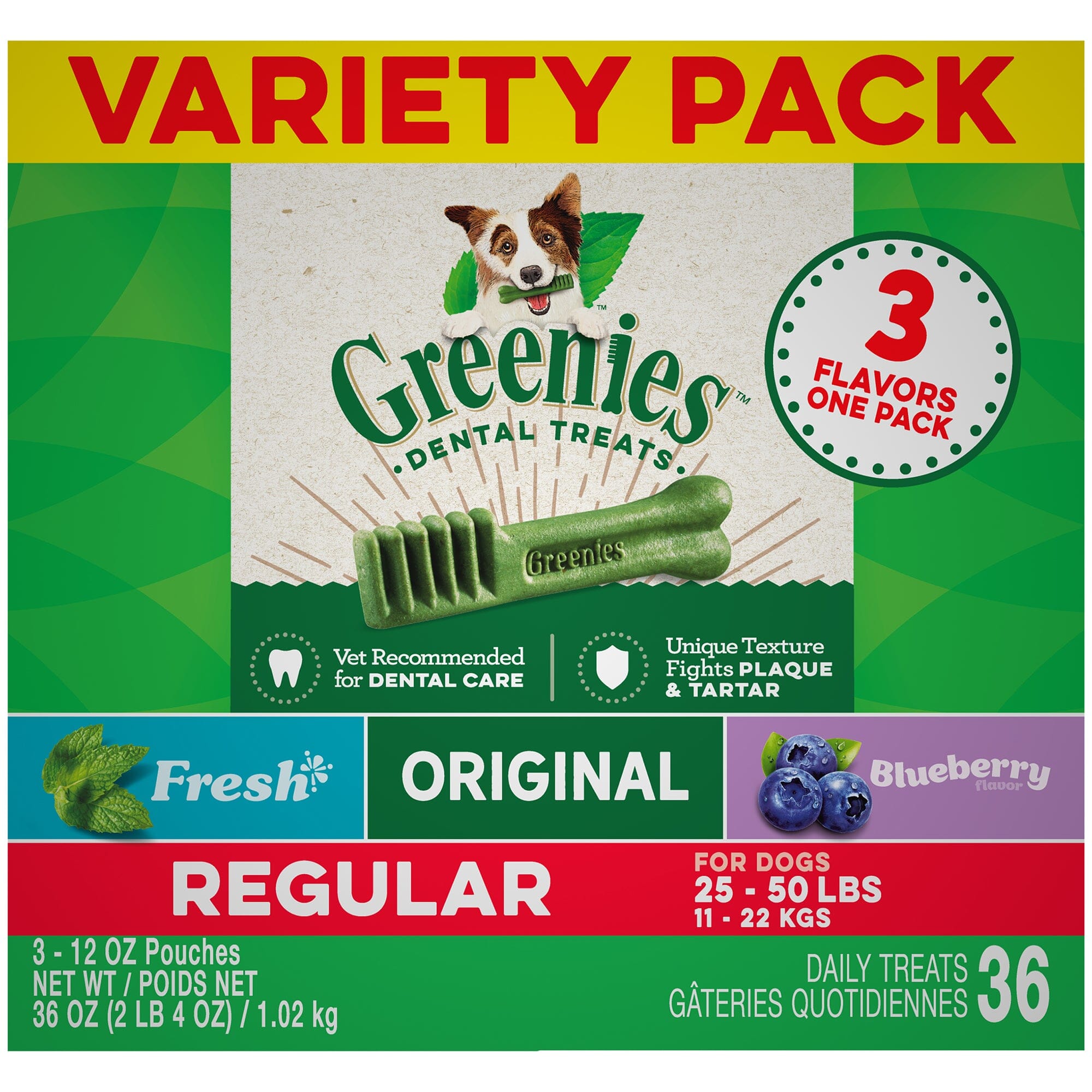 Greenies 3 Flavors Assorted Dental Dog Chews - Variety Pack - Regular - 36 Oz