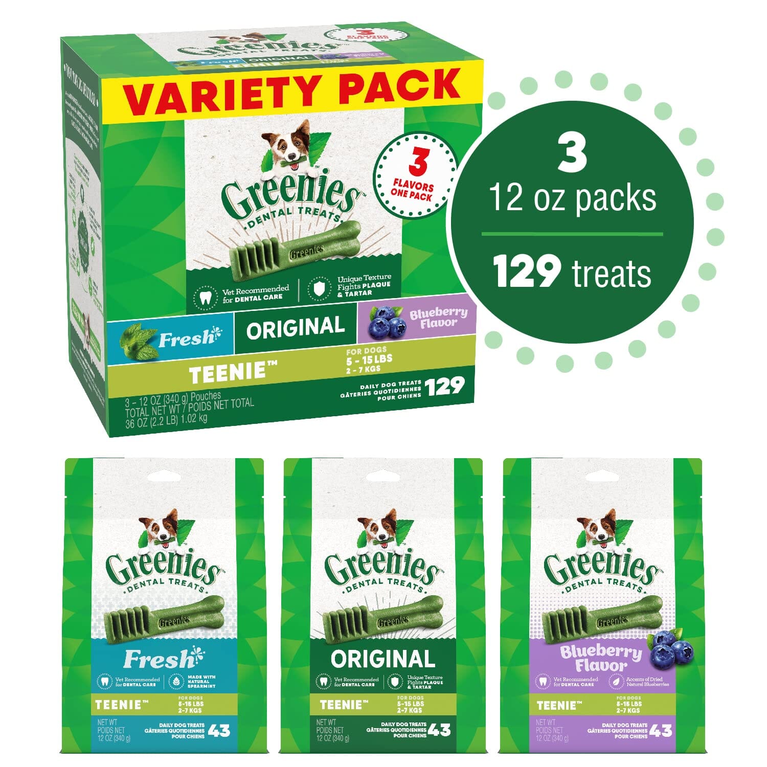 Greenies 3 Flavors Assorted Dental Dog Chews - Variety Pack - Teenie - 36 Oz