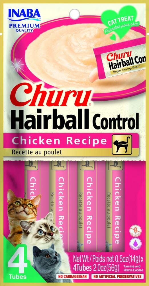 Inaba Churu Chicken Hairball Control Lickable and Squeezable Puree Cat Treat Pouches - 2 Oz (4 Pack) - Case of 6