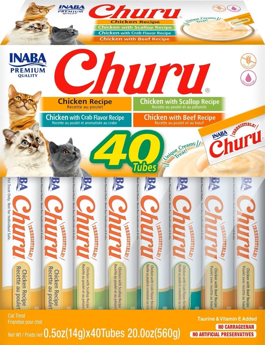 Inaba Churu Chicken Lickable and Squeezabe Puree Cat Treat Pouches - Variety Pack - .5 Oz - Case of 40