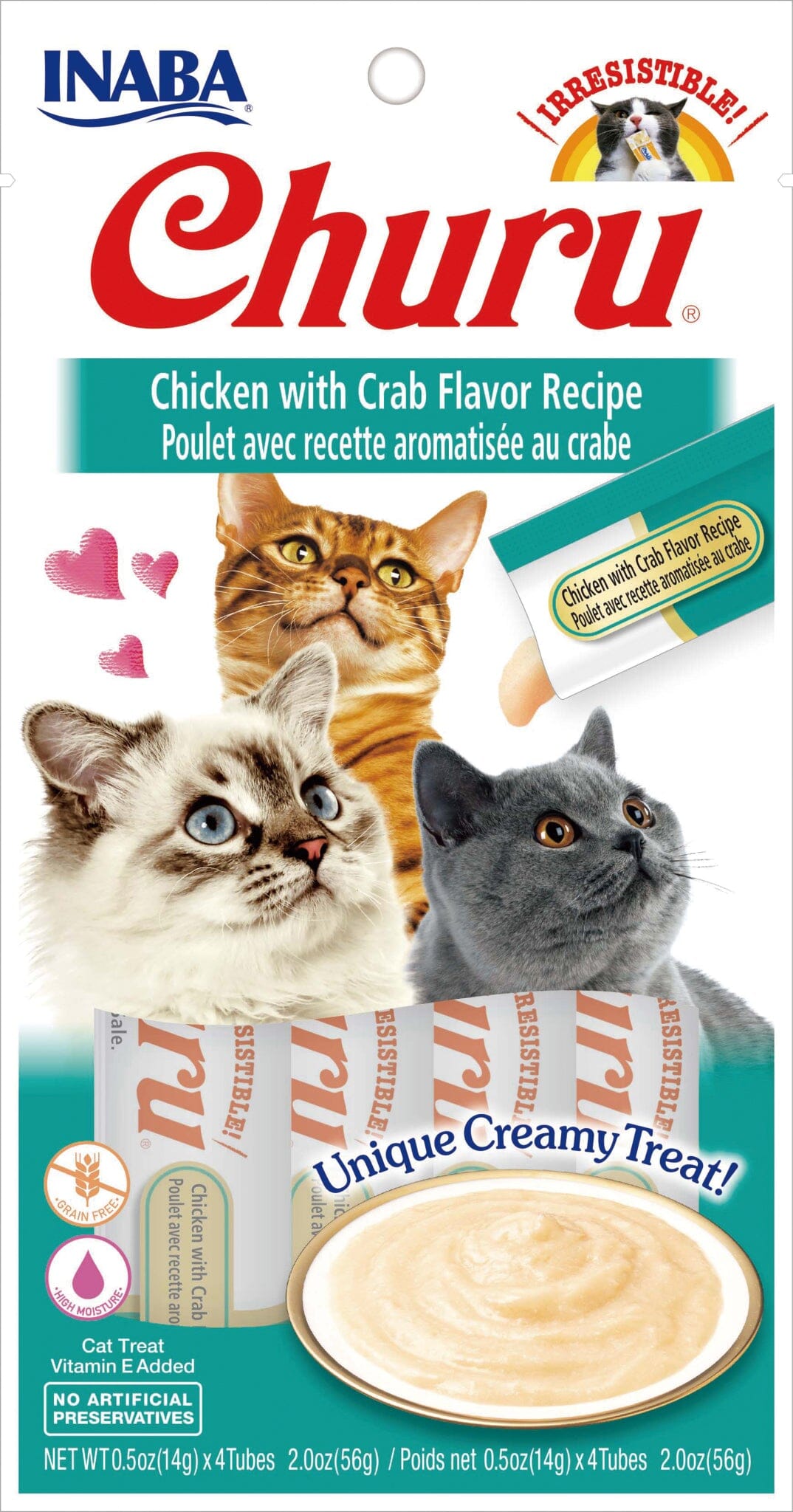 Inaba Churu Puree Cat Treats - Chicken and Crab - .5 Oz - 4 Pack - Case of 6