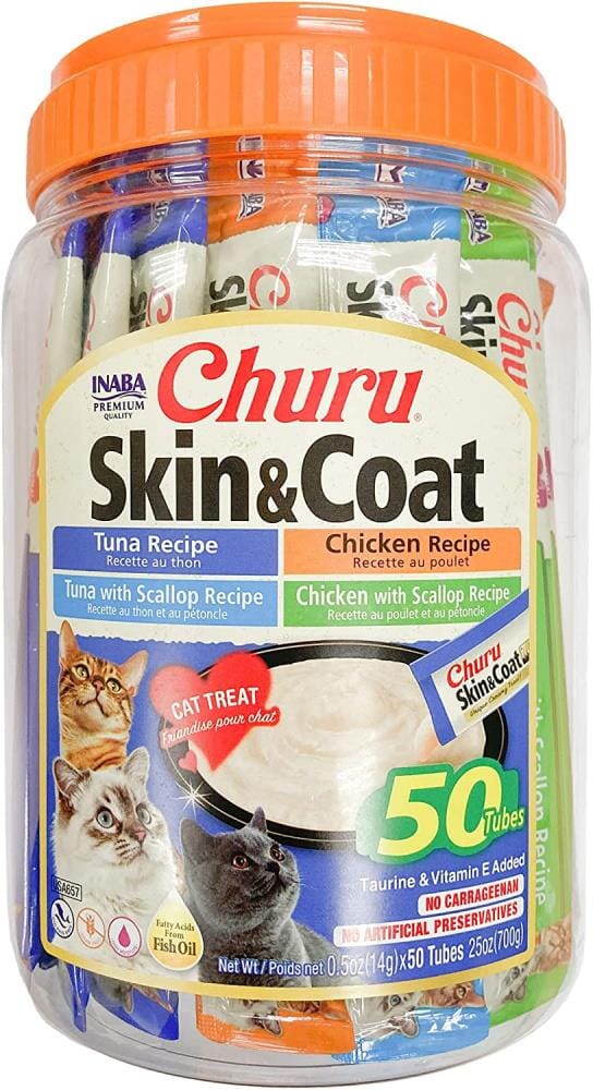 Inaba Churu Skin and Coat Lickable and Squeezable Puree Cat Treat Pouches - Variety Pack - .5 Oz - Case of 50