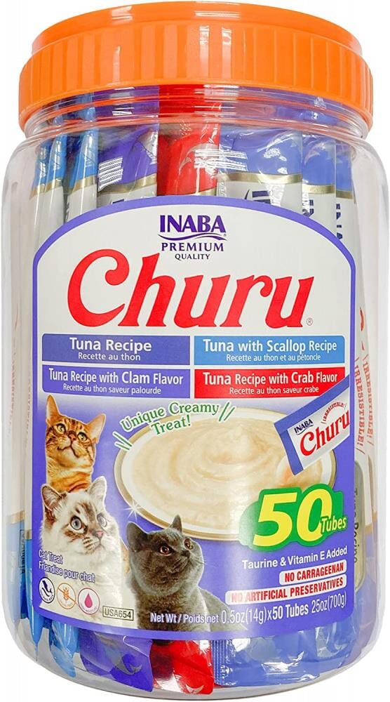Inaba Churu Tuna and Seafood Lickable and Squeezable Puree Cat Treat Pouches - Variety Pack - .5 Oz - Case of 50