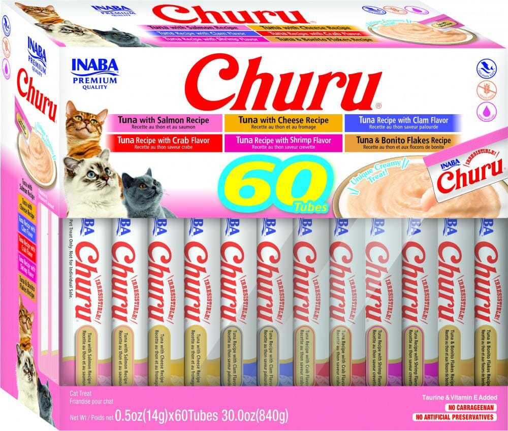 Inaba Churu Tuna Lickable and Squeezable Puree Cat Treat Pouches - Variety Pack - .5 Oz - Case of 60