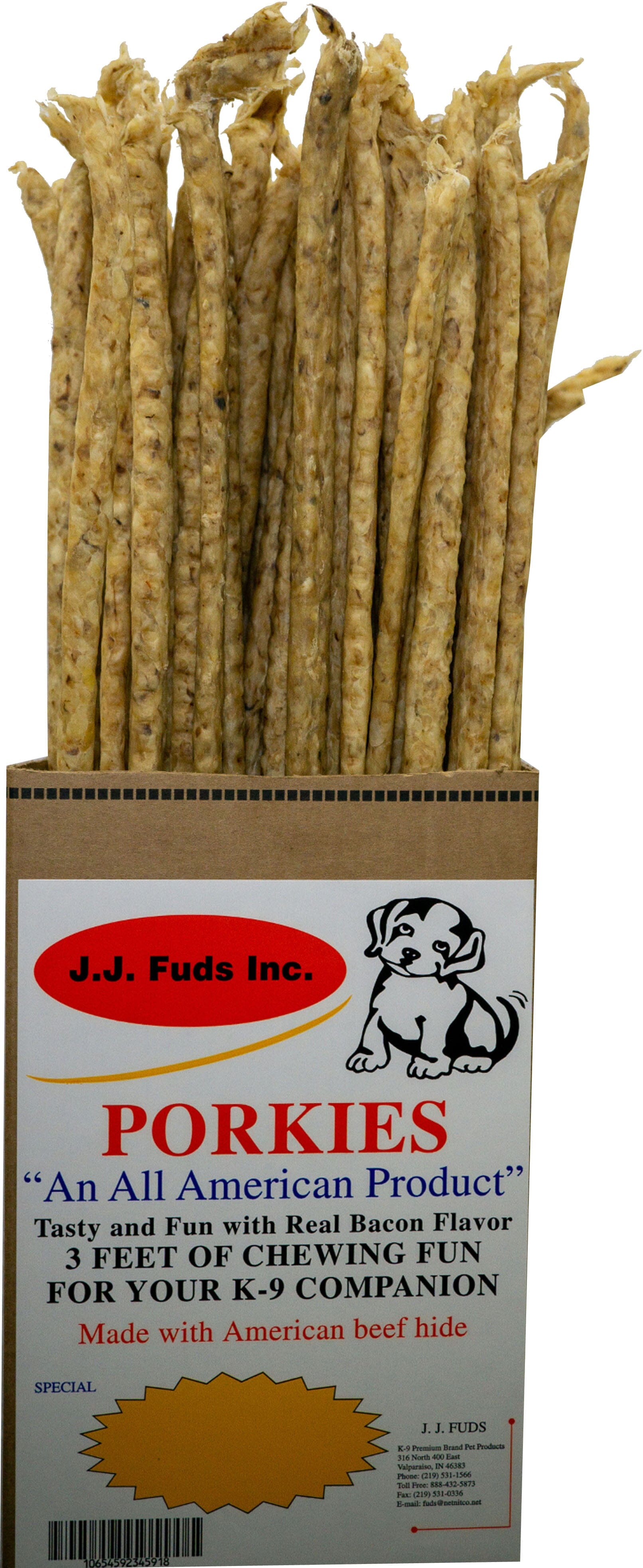 J.J. Fuds 3 Ft Chew Sticks Display Natural Dog Chews - Bacon - 36 In - 80 Count