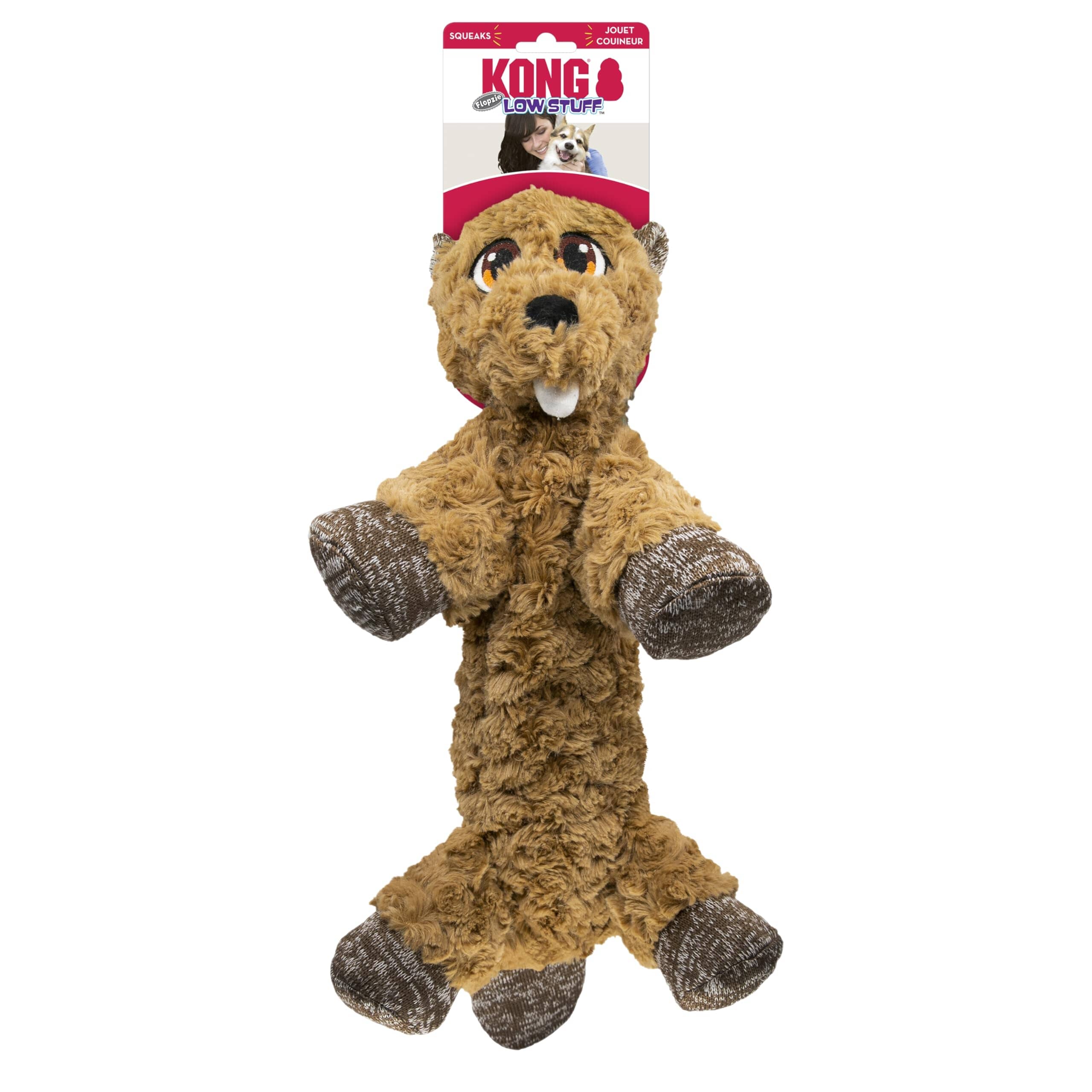 Kong Flopzie Beaver Low-Stuffing and Squeaking Plush Dog Toy - Medium