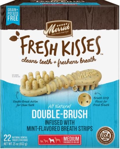 Merrick Fresh Kisses Mint Breath Strips Medium Brush Dog Dental Chews - Value Box - 22 Count