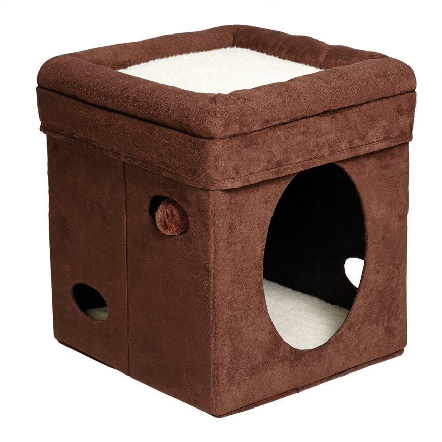 Midwest Nuvo Curious Cat Cube Cat House with Teaser - Brown/Beige