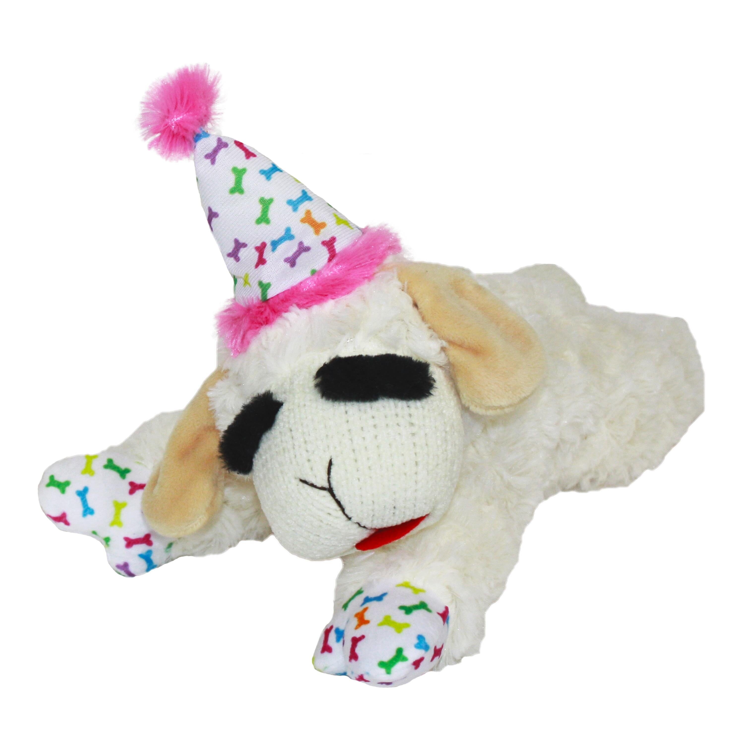 Multipet Lamb Chop Birthday Hat Plush Dog Toy - Pink - Medium