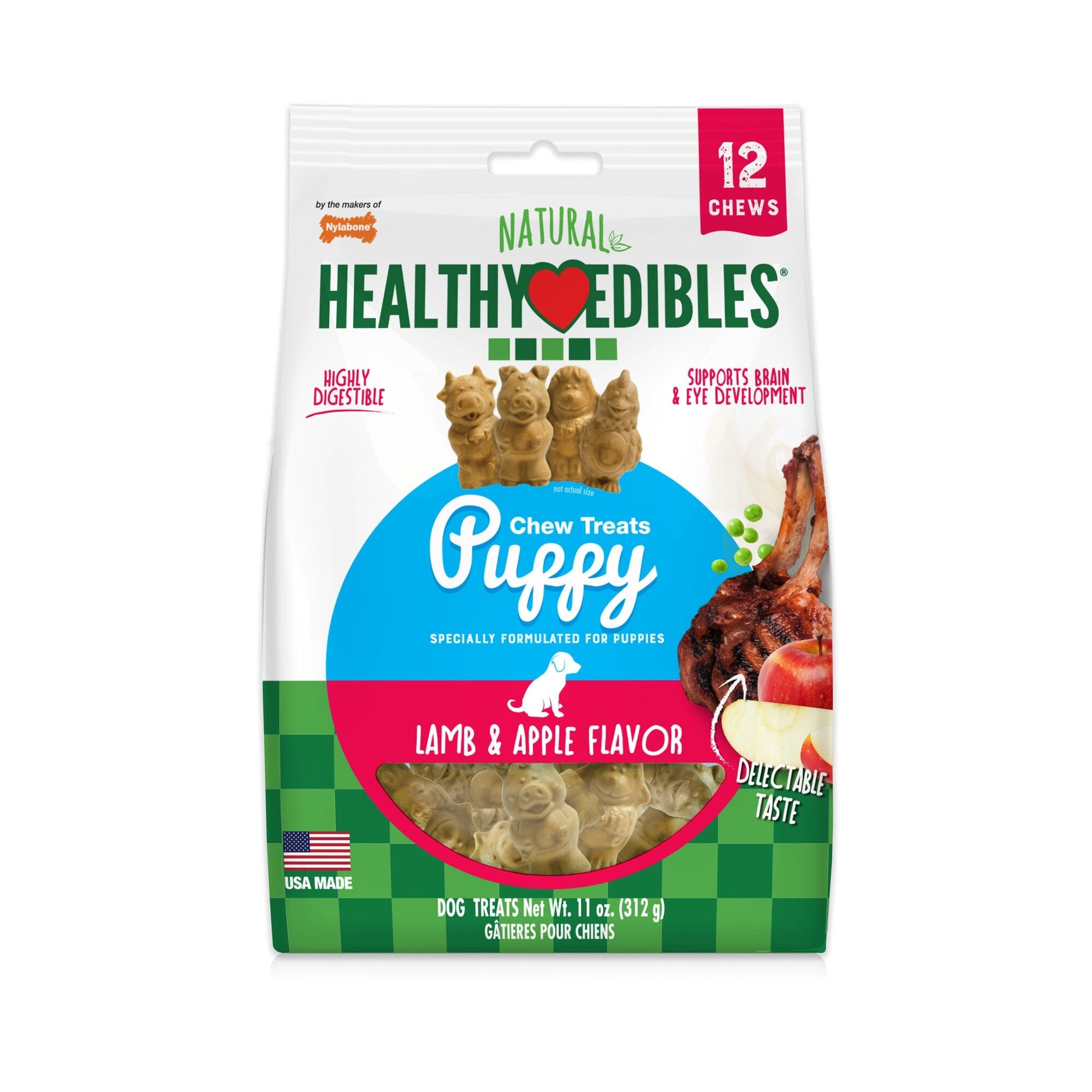 Nylabone Healthy Edibles Puppy Natural Chew Dog Biscuits Treats - Lamb/Apple - 12 Pack
