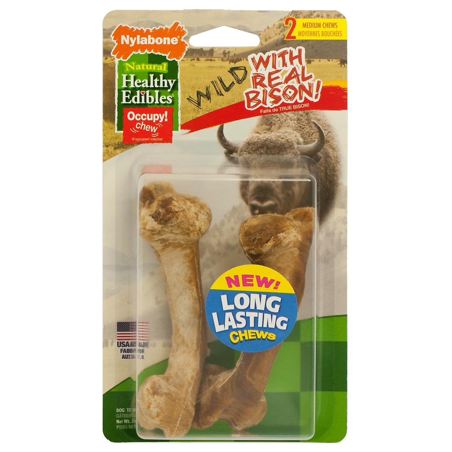 Nylabone Healthy Edibles Wild Natural Chew Dog Biscuits Treats - Bison - Medium - 2 Pack