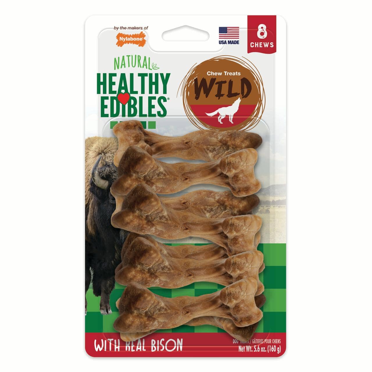 Nylabone Healthy Edibles Wild Natural Chew Dog Biscuits Treats - Bison - Small - 8 Pack