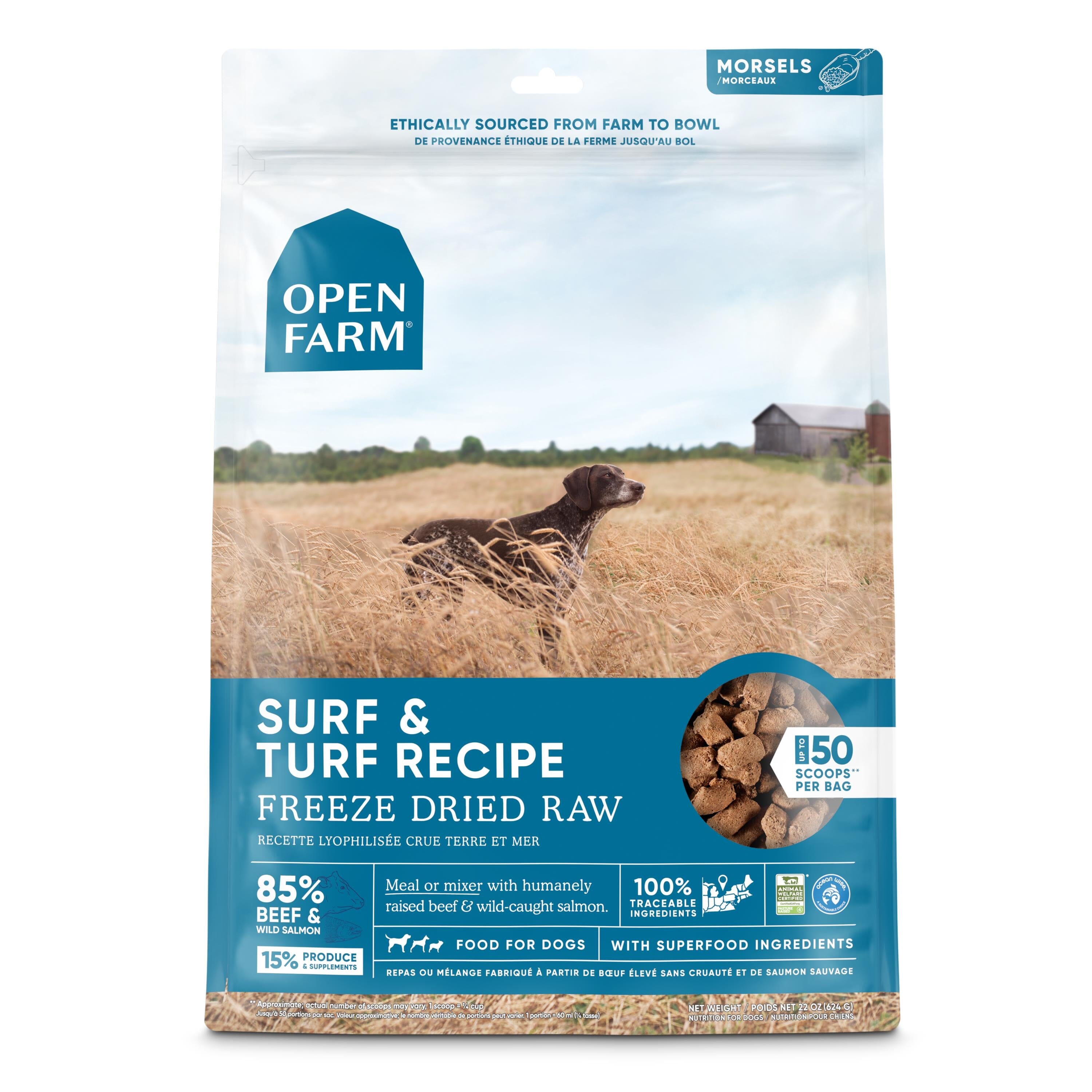 Open Farm Surf and Turf Morsals Recipe Freeze-Dried Raw Dog Food- 22 Oz