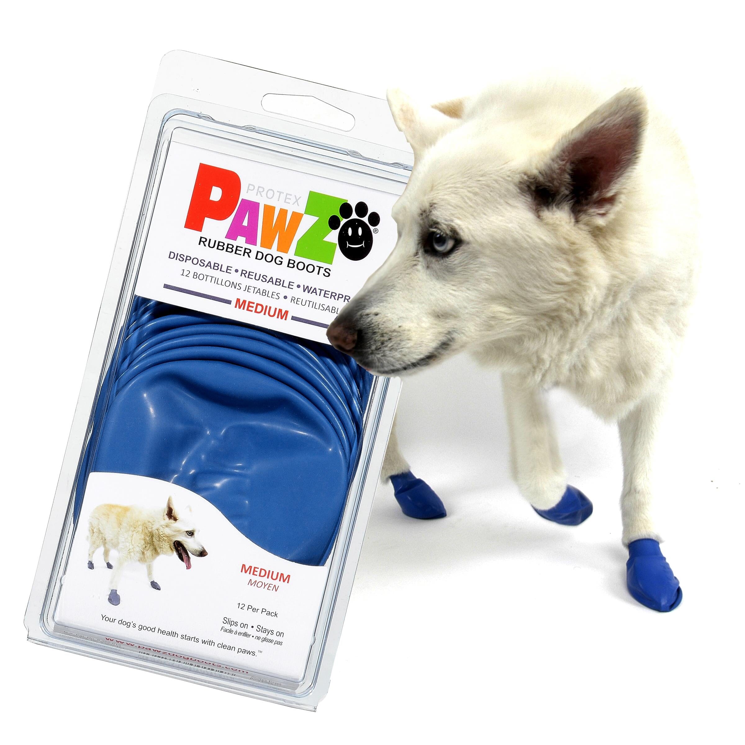 Pawz Waterproof Disposable and Reusable Rubberized Dog Boots - Blue - Medium - 12 Pack