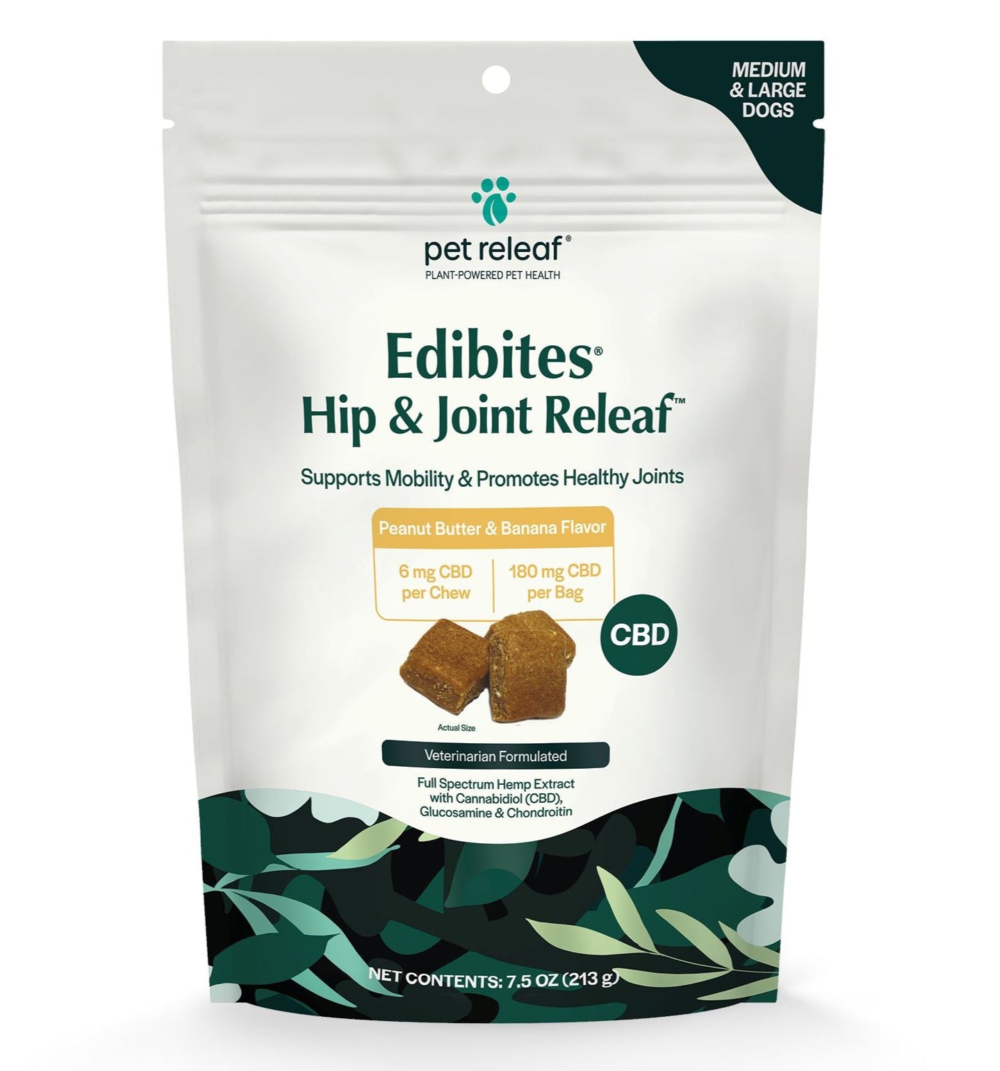 Pet Releaf Edibites Medium & Large Breed Peanut Butter/Banana Hip & Joint Hardchew Dog Treats - 7.5 oz Bag