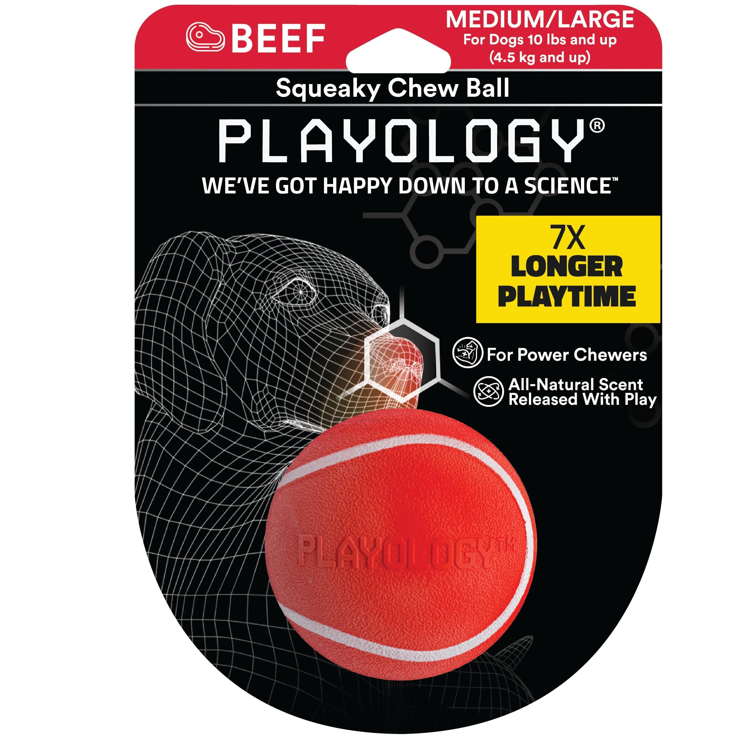 Playology Beef Scented Bouncy Ball Rubber Dog Toy with Encapsiscent Technology - Large