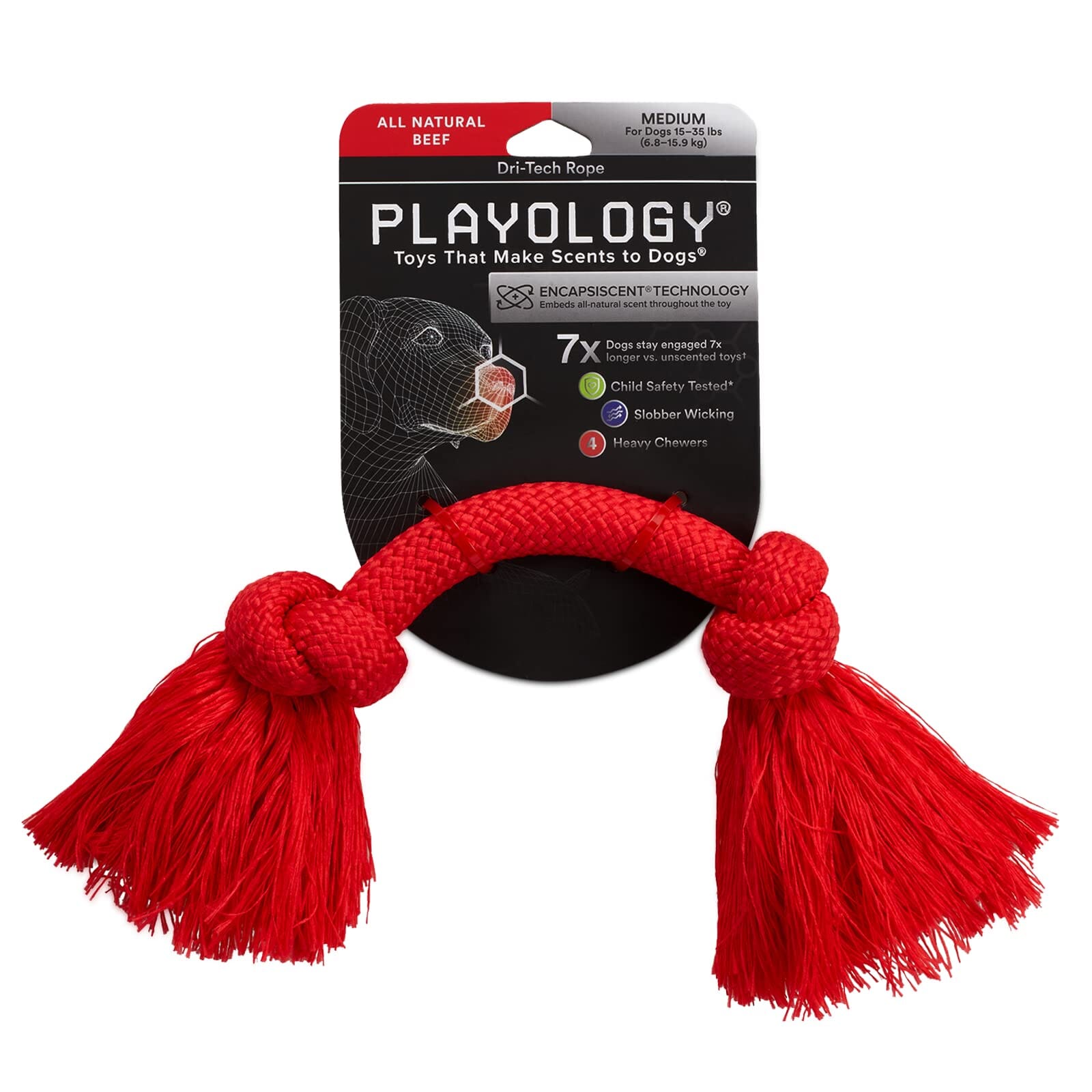Playology Beef Scented Dri-Tech Rope Dog Toy with Encapsiscent Technology - Red - Small