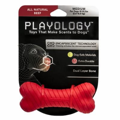 Playology Beef Scented Dual Layered Bone Rubber Dog Toy with Encapsiscent Technology - Red - Medium