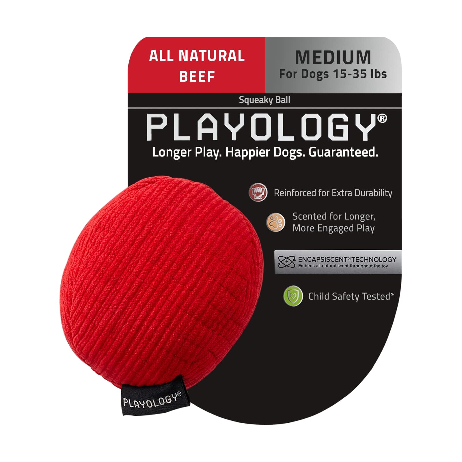 Playology Beef Scented Squeaky Ball Plush and Squeak Dog Toy with Encapsiscent Technology - Red - Medium