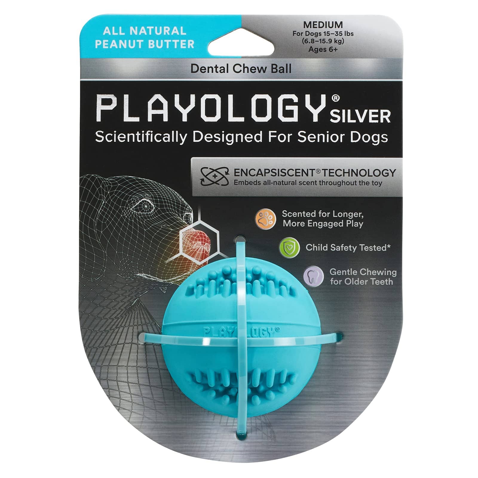 Playology Peanut Butter Scented Dental Chew Ball Rubber Dog Toy with Encapsiscent Technology - Medium