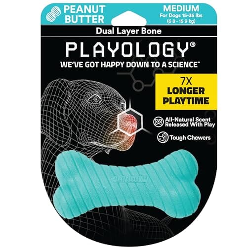 Playology Peanut Butter Scented Dual Layered Bone Rubber Dog Toy with Encapsiscent Technology - Medium