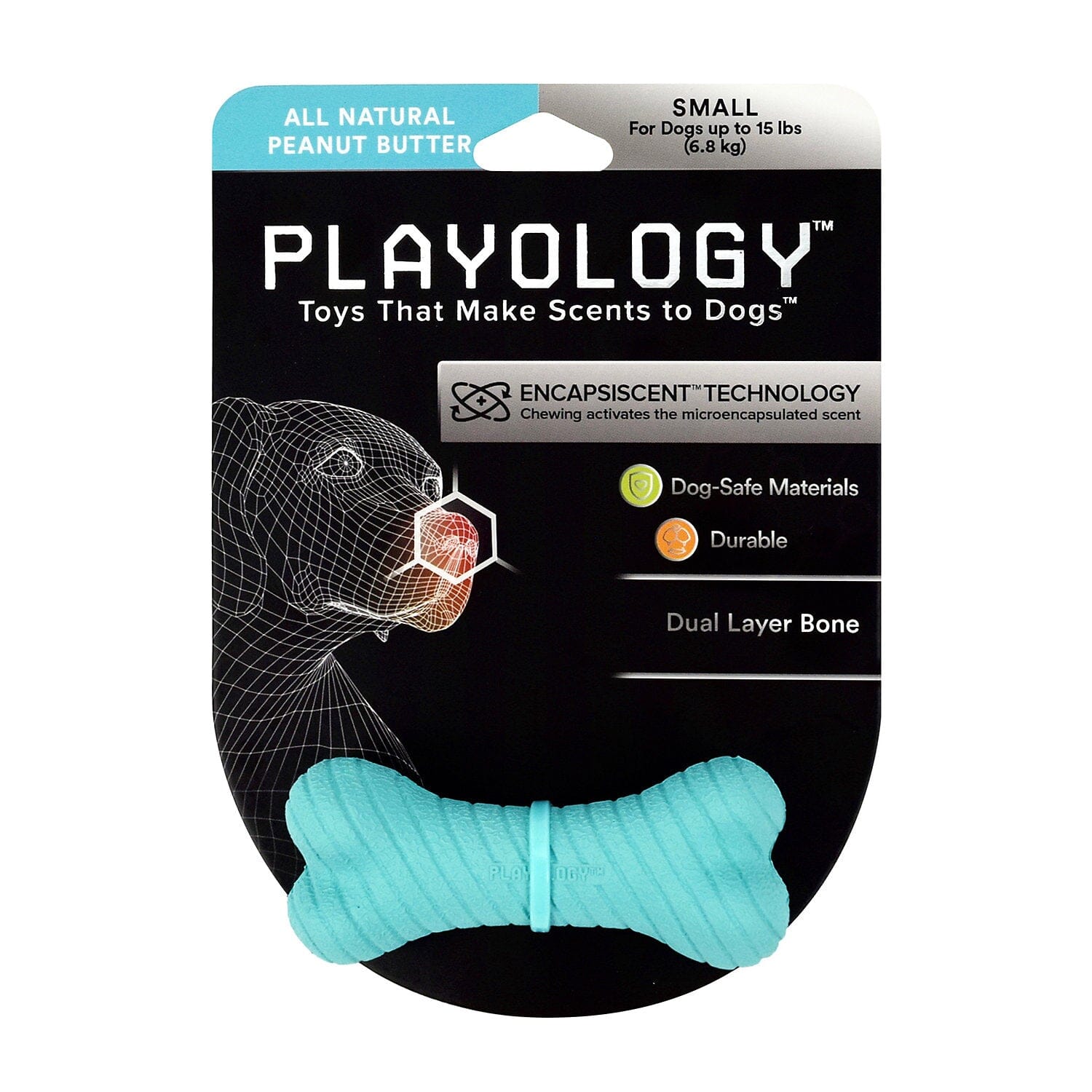 Playology Peanut Butter Scented Dual Layered Bone Rubber Dog Toy with Encapsiscent Technology - Small