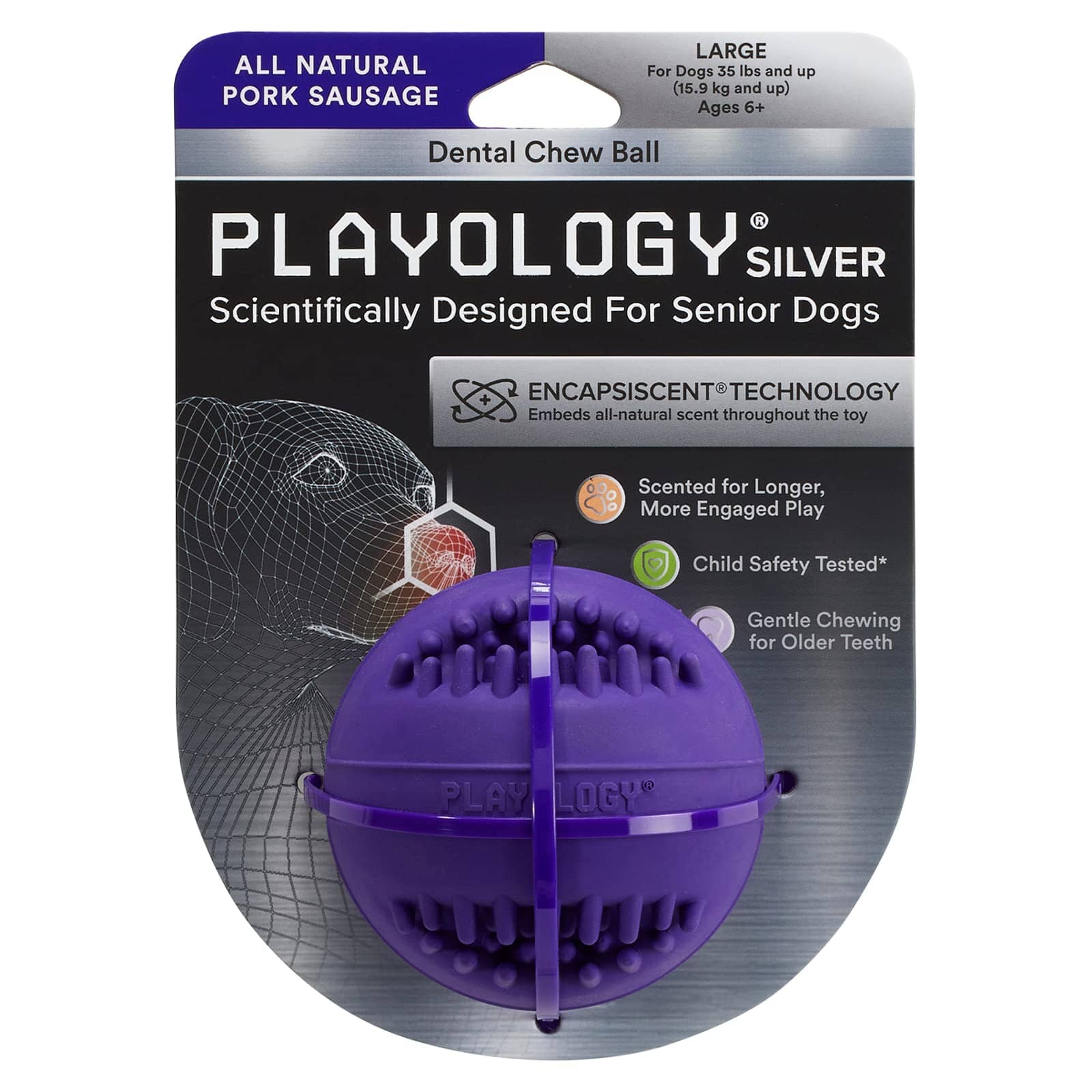 Playology Pork Scented Dental Chew Ball Rubber Dog Toy with Encapsiscent Technology - Large