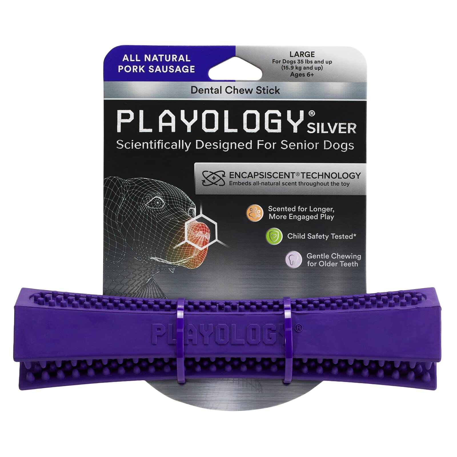 Playology Pork Scented Dental Chew Stick Rubber Dog Toy with Encapsiscent Technology - Large