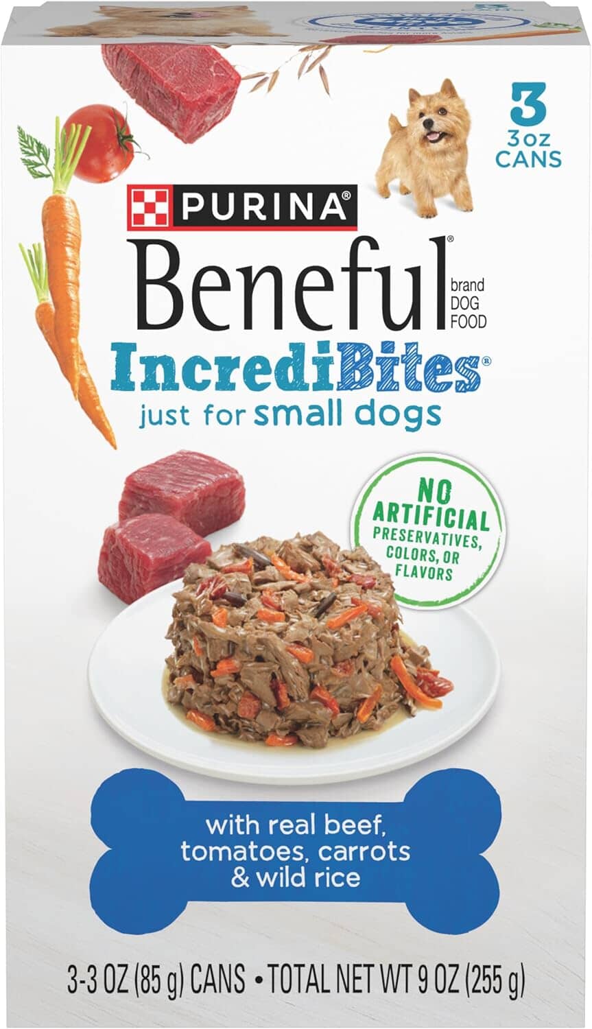Purina Beneful IncrediBites Beef Tomatoes Carrots and Rice Small-Breed Canned Dog Food - 3 Oz - Case of 3 - 8 Pack