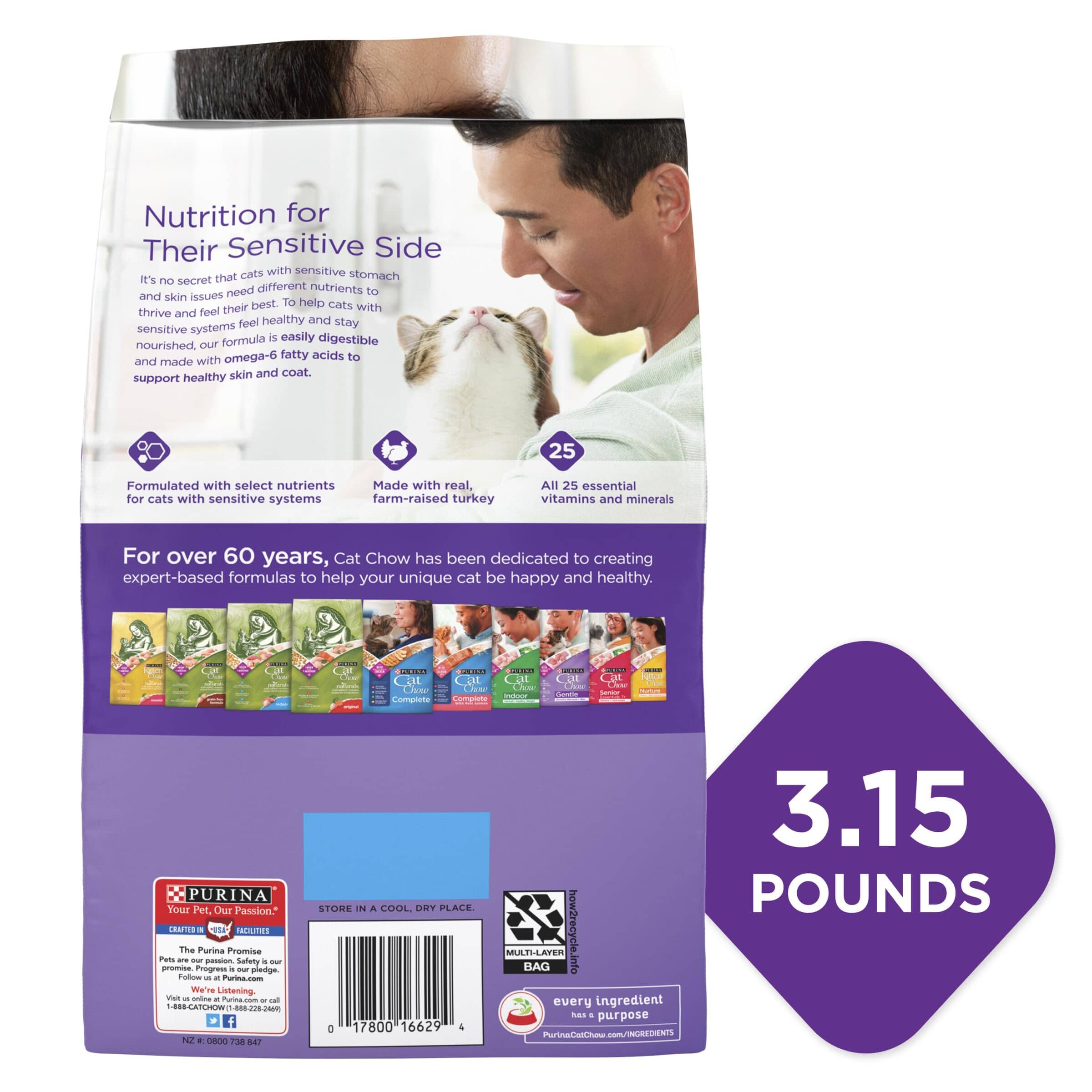 Purina Cat Chow Gentle Sensitive Skin and Stomach Farm-Raised Turkey Dry Cat Food - 3.15 Lbs - Case of 4