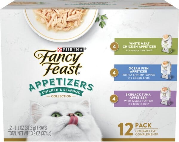 Purina Fancy Feast Appetizers Chicken Oceanfish and Tuna Wet Cat Food and Topper Pouch - Variety Pack - 1.1 Oz - Case of 12 - 2 Pack