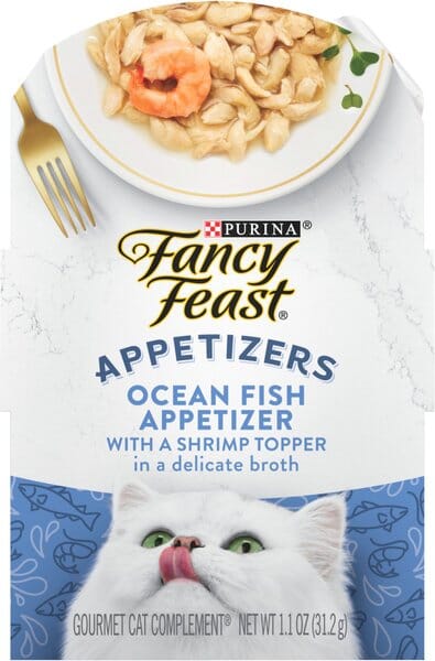 Purina Fancy Feast Appetizers Grain-Free Oceanfish and Shrimp Wet Cat Food and Topper Pouch - 1.1 Oz - Case of 10