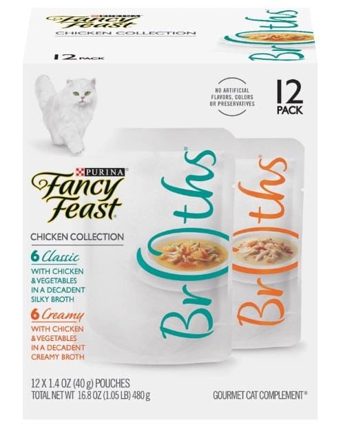 Purina Fancy Feast Broths Classic and Creamy Chicken with Veggies Wet Cat Food or Topper Pouch - Variety Pack - 1.4 Oz - Case of 12 - 3 Pack
