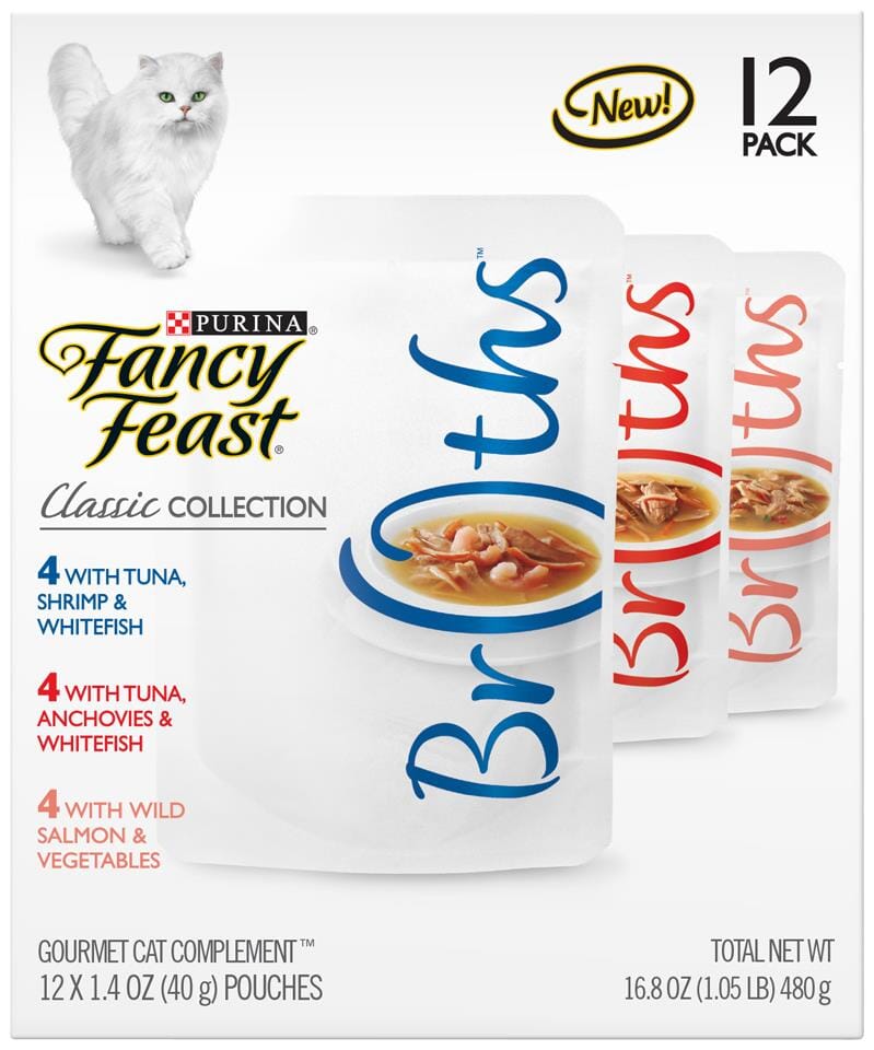 Purina Fancy Feast Broths Classic Seafood Tuna Salmon and Shrimp Wet Cat Food or Topper - Variety Pack - 1.4 Oz - Case of 12 - 3 Pack
