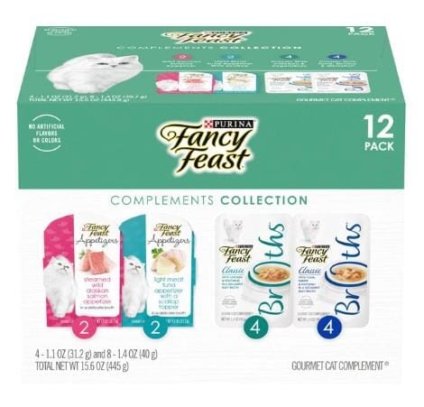 Purina Fancy Feast Broths Compliments Collection with Seafood Chicken Tuna and Salmon Wet Cat Food or Topper Pouch - Variety Pack - Case of 12 - 2 Pack